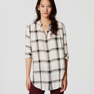 LOFT Cream and Black Plaid Button-Down Shirt